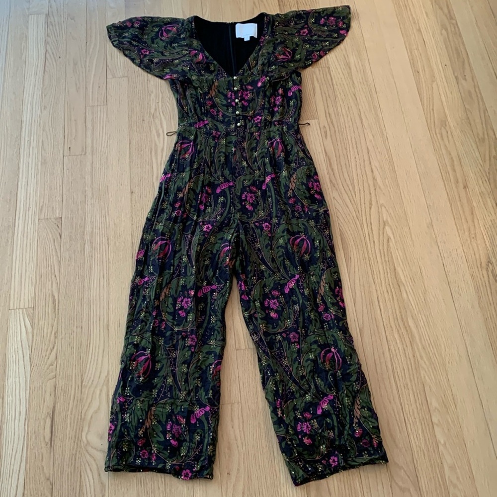Anthropologie Ett:Twa Floral Metallic Jumpsuit